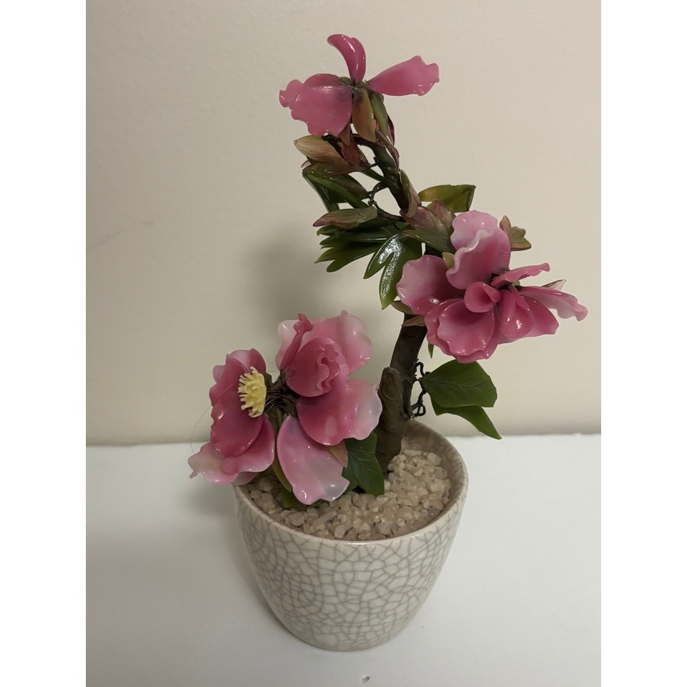 Vintage Japanese Glass Bonsai Tree Pink Flower Crackle Glaze Pot Japan 9in